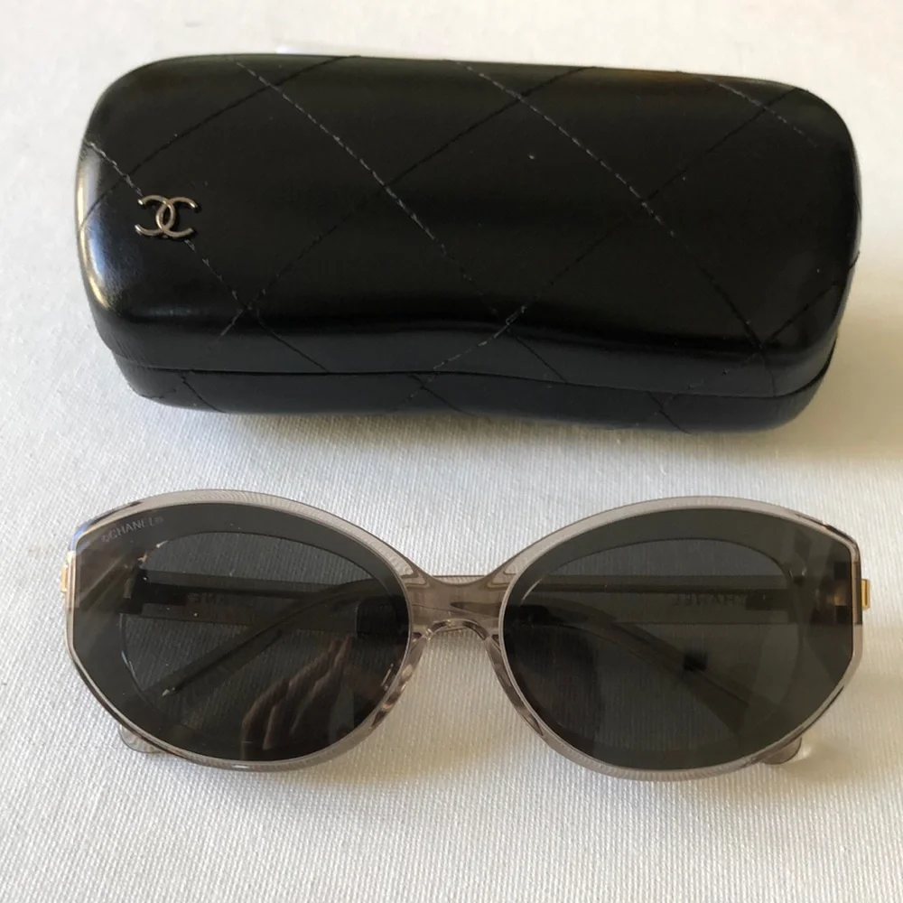 Chanel Gray Oval Sunglasses with CC lock on handles & Quilted Case